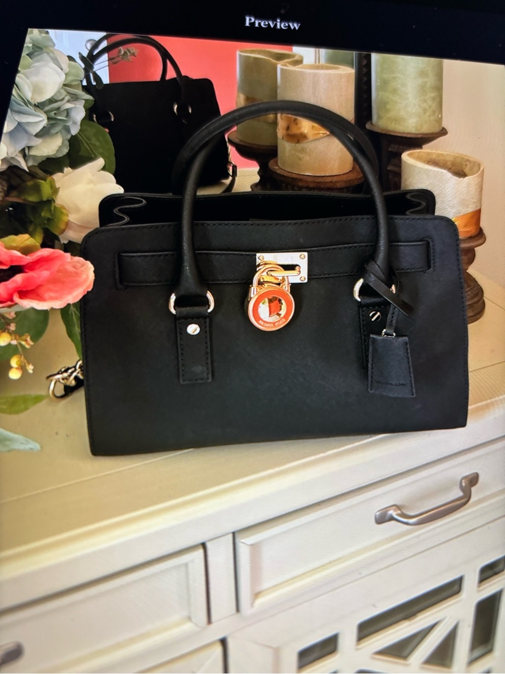 Michael Kors Hamilton Black Saffiano Leather Satchel Gold Lock Tote Handbag